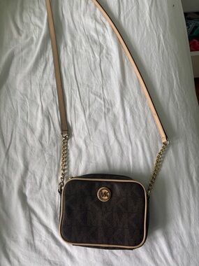 Michael Kors Brown Logo Crossbody with Cream Trim and Gold Hardware